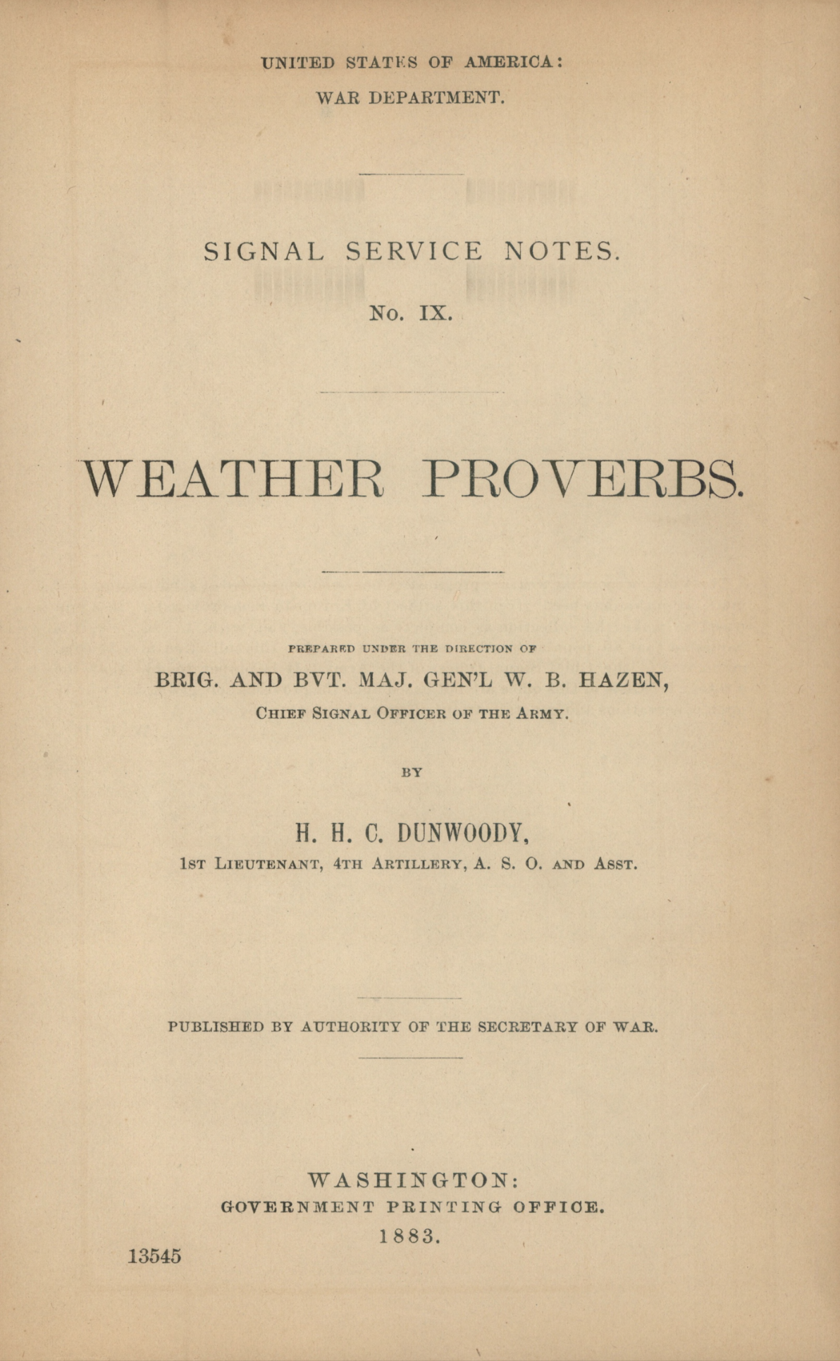 A scan of the front page of the publication Weather Proverbs from 1883 by the United States of America War Department.